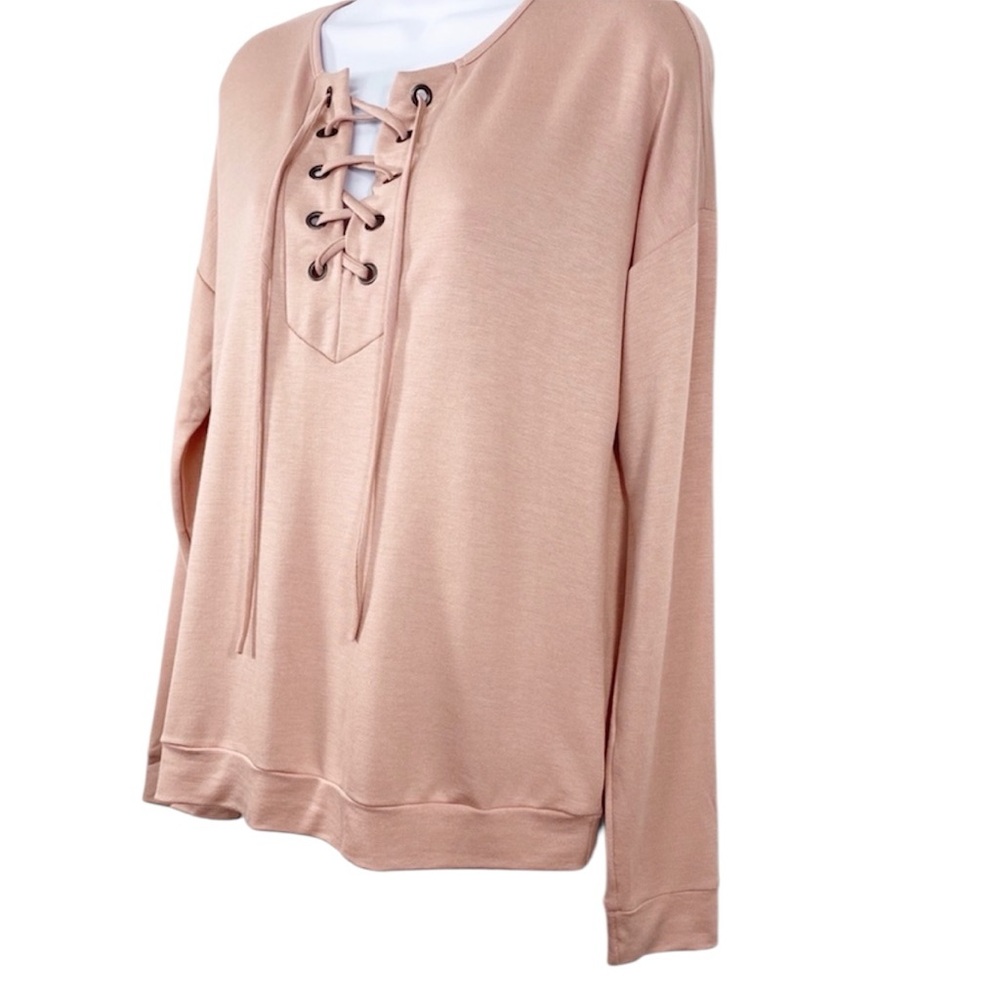 12 PM BY MON AMI lace up long sleeve top  L pink - Picture 4 of 9